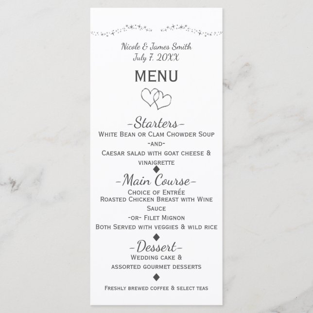 Silver Hearts & Sparkle Glamour Wedding Menu (Front)