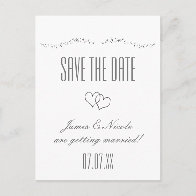 Silver Hearts & Sparkle Wedding Save Date Postcard (Front)