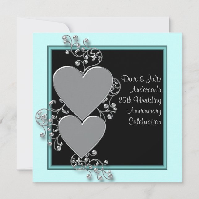 Silver Hearts Teal Silver 25th Anniversary Party Invitation (Front)