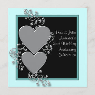 Silver Hearts Teal Silver 25th Anniversary Party Invitation