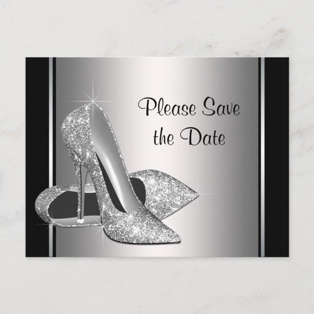 Silver High Heel Shoe Save The Date Announcement Postcard (Front)