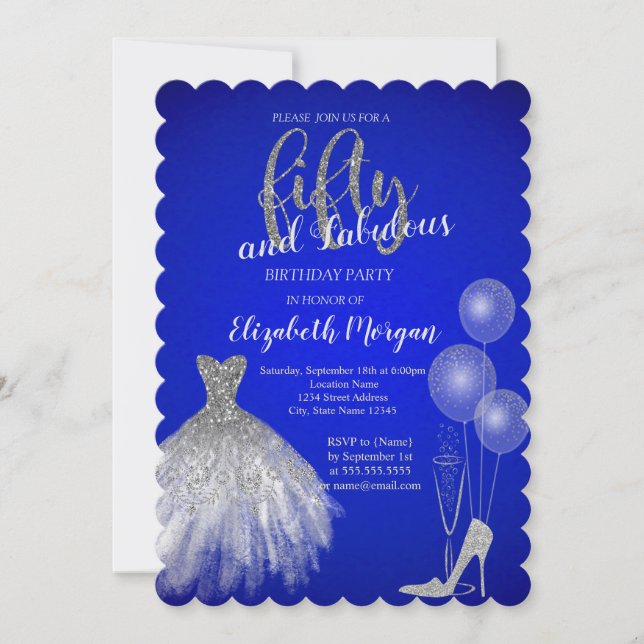 Silver High Heels,Dress,Champagne Blue 50th  Invitation (Front)