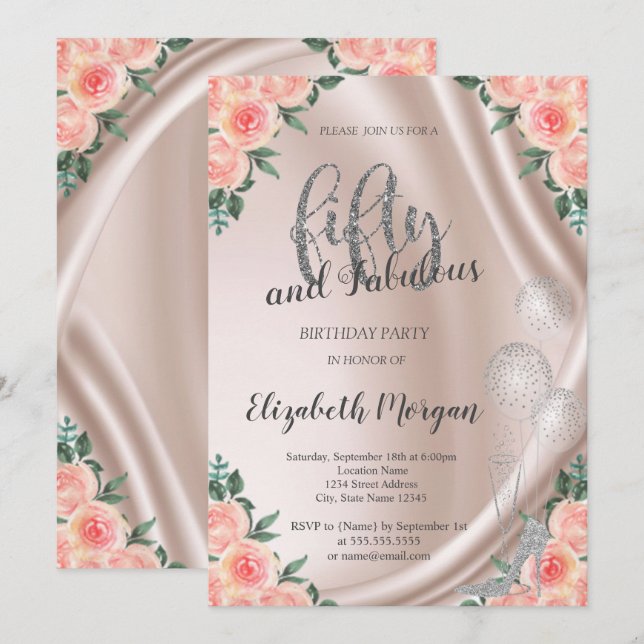 Silver High Heels Roses  50th Birthday Party Invitation (Front/Back)