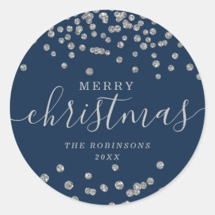 Silver Holiday Christmas Glitter Confetti Navy Classic Round Sticker