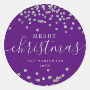 Silver Holiday Christmas Glitter Confetti Purple Classic Round Sticker