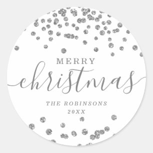 Silver Holiday Christmas Glitter Confetti White Classic Round Sticker