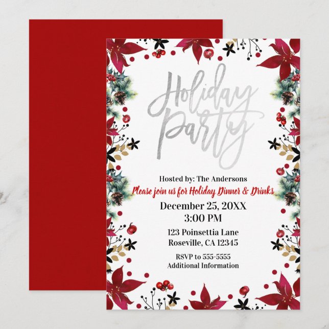 Silver Holiday Party Poinsettia Floral Christmas Invitation (Front/Back)