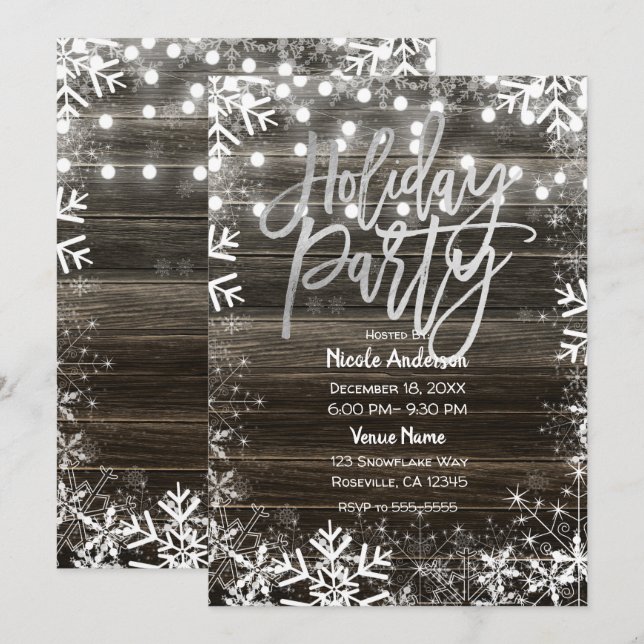 Silver Holiday Party Wood & Winter Snowflakes Wood Invitation (Front/Back)