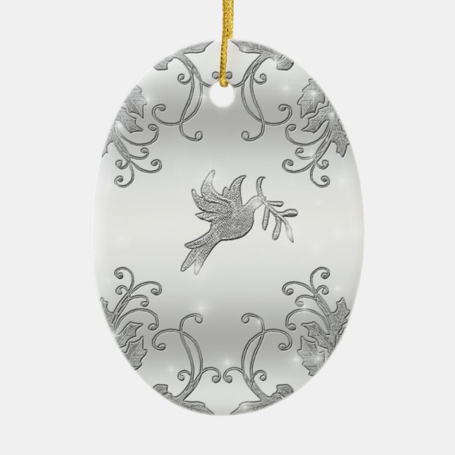 Silver Holly and Dove Ceramic Tree Decoration (Front)