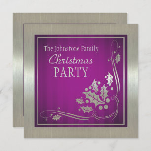 Silver Holly and Swirls on Purple Christmas Party Invitation