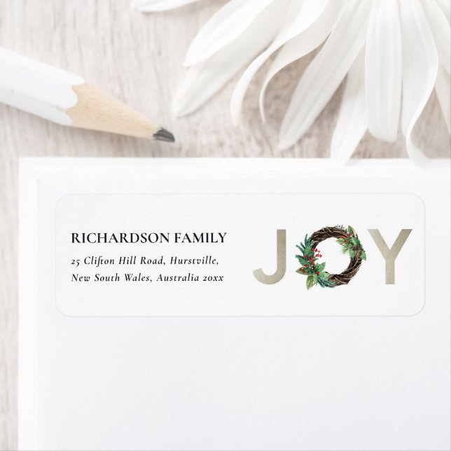 SILVER HOLLY BERRY JOY WREATH CHRISTMAS ADDRESS (Insitu)