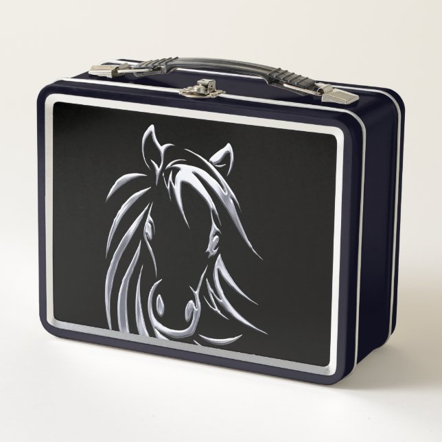 Silver Horse Head on Black Lunch Box (Front)
