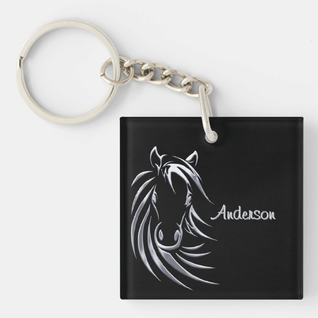 Silver Horse Head on Black Personalised Script Key Ring (Front)