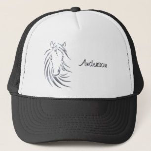 Silver Horse Head on Black Personalised Script Trucker Hat