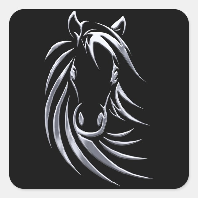 Silver Horse Head on Black Square Sticker (Front)