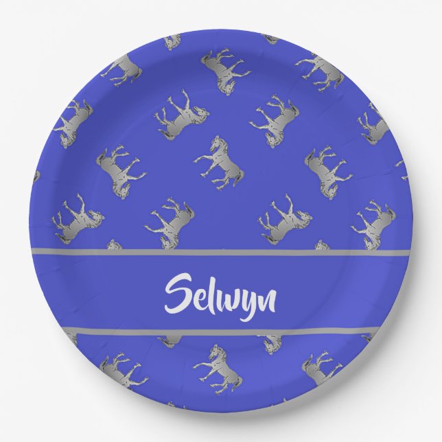 Silver horses on blue paper plate (Front)