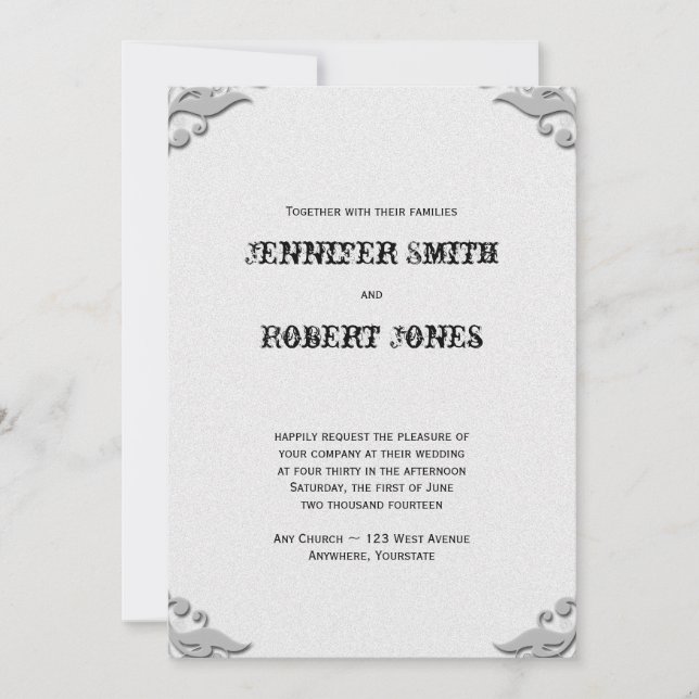 Silver Horseshoe on White Wedding Invitation (Front)