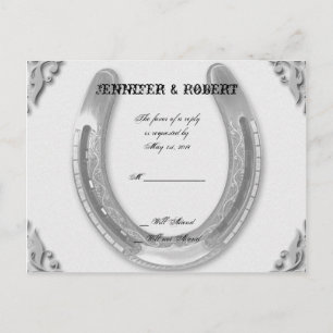 Silver Horseshoe on White Wedding RSVP Invitation Postcard
