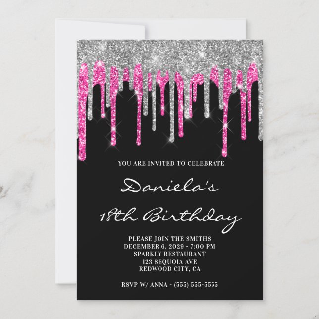 Silver Hot Pink Glitter Drips Black 18th Birthday Invitation (Front)