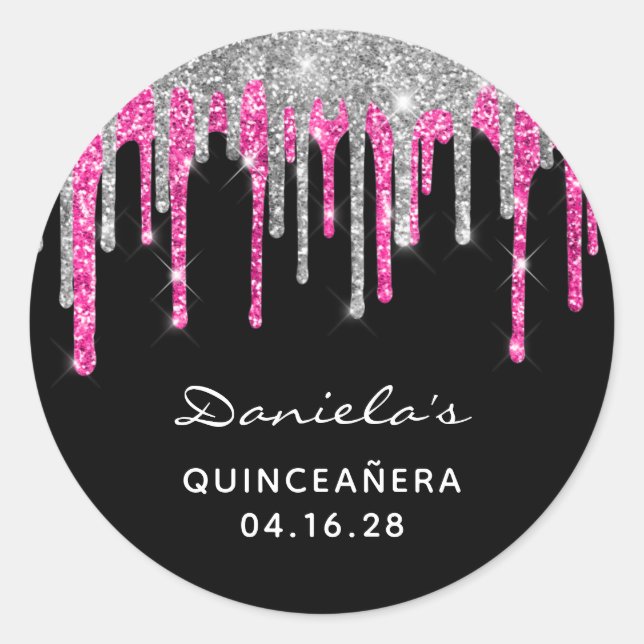 Silver Hot Pink Glitter Drips Black Quinceañera Classic Round Sticker (Front)