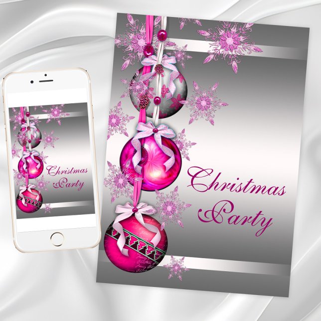 Silver Hot Pink Snowflakes Christmas Party Invitation (Pink Christmas Party Invitations. Any event. Instant download and printed invitations available.)