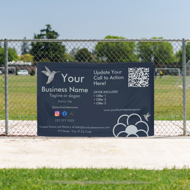 Silver Hummingbird Logo QR Code Navy Blue Business Banner (Insitu)