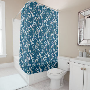 SIlver Hummingbird Pattern on Cerulean Blue Shower Curtain
