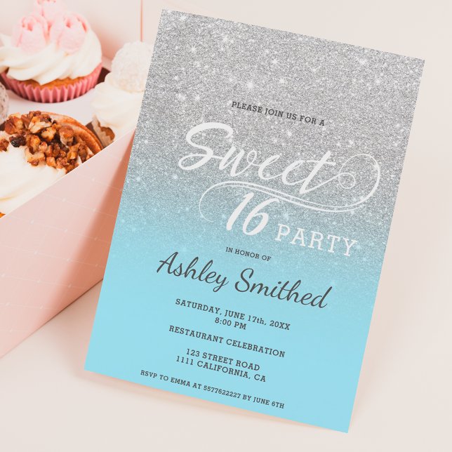 Silver ice blue glitter ombre purple Sweet 16 Invitation (Creator Uploaded)