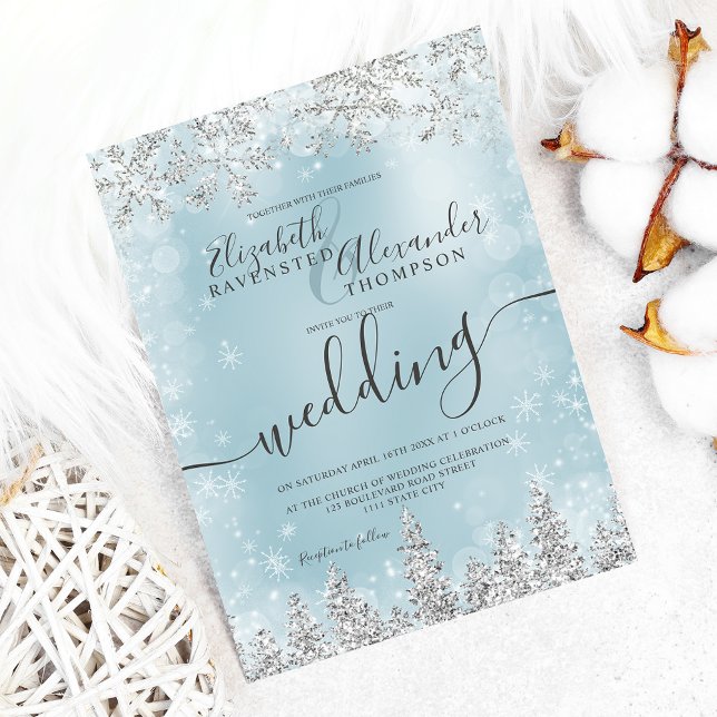 Silver ice blue snow pine Christmas winter wedding Invitation (Silver ice blue snow pine Christmas winter wedding Invitation)