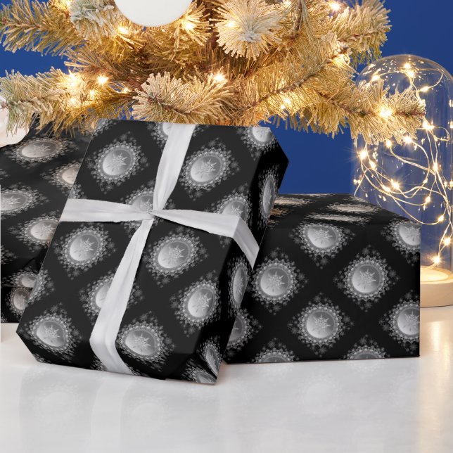 Silver Ice Crystal Snowflake Black Wrapping Paper (Holidays)
