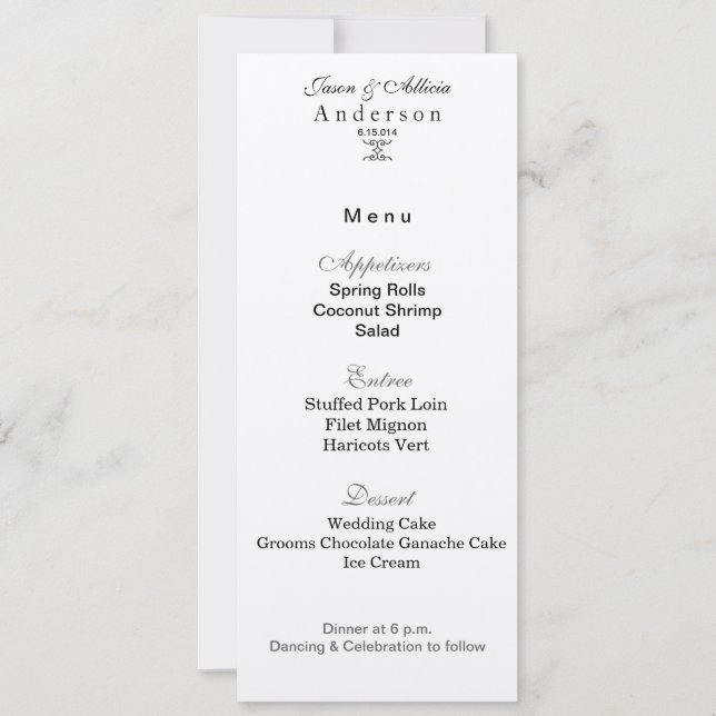 Silver Ice Menu Card for Weddings & Galas (Front)