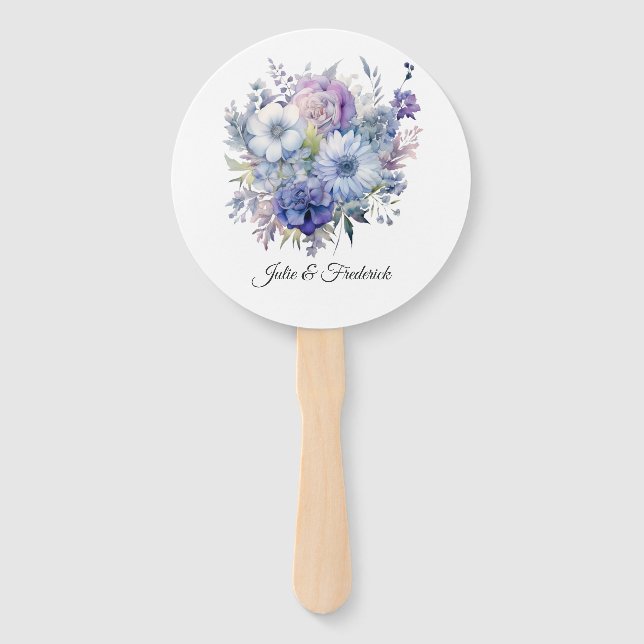 Silver, Icy Blue and Lilac Floral Wedding Hand Fan (Front)
