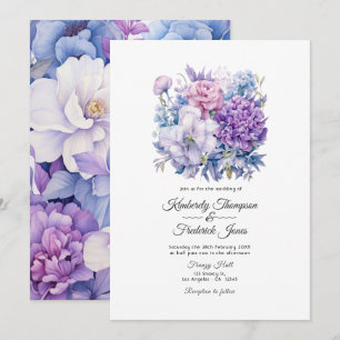 Silver, Icy Blue and Lilac Floral Wedding Invitation