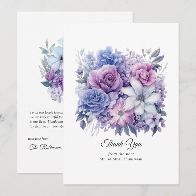 Silver, Icy Blue and Lilac Floral Wedding Thank You Card (Front/Back)