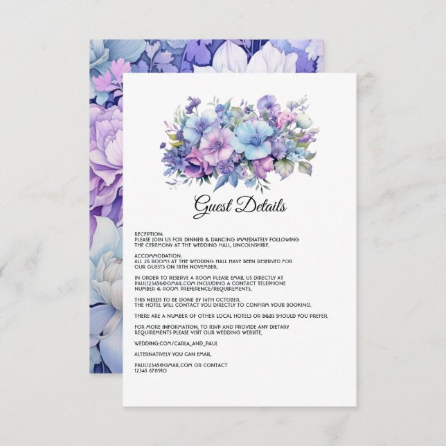 Silver, Icy Blue and Lilac Wedding Guest Details Enclosure Card (Front/Back)