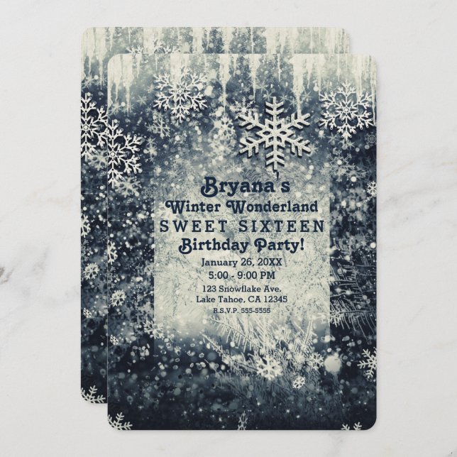 Silver Icy Snowy Winter Wonderland Sweet 16 Party Invitation (Front/Back)