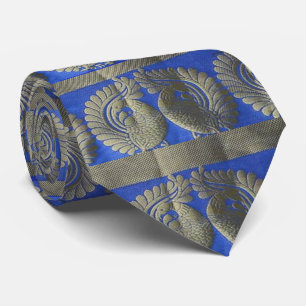 Silver Indian Birds on Blue Sari Pattern NeckTie