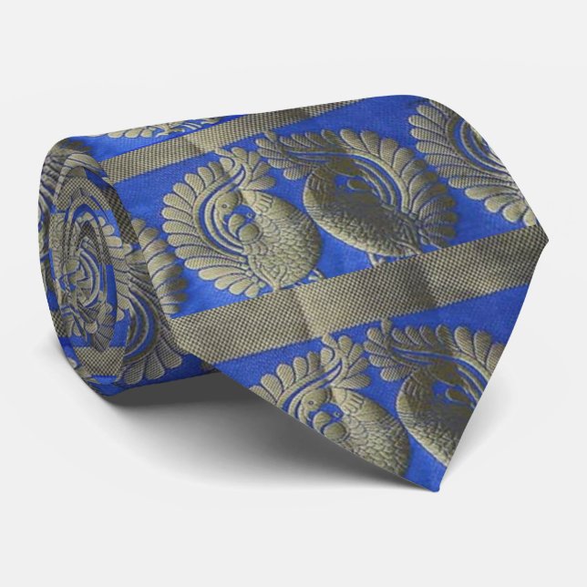 Silver Indian Birds on Blue Sari Pattern NeckTie (Rolled)