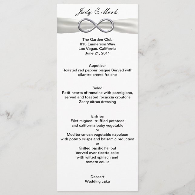 Silver Infinity White Wedding Menu Card (Front)
