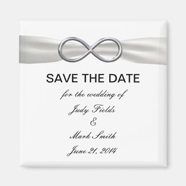 Silver Infinity White Wedding Save The Date Magnet (Front)