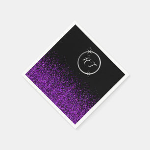 Silver initial monogram with purple glitter   napkin