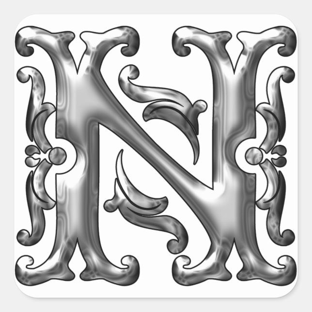 Silver Initial N Capital Letter Monogram Sticker (Front)