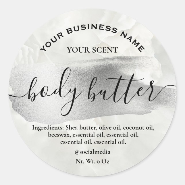 Silver Ink Accent On Marble Body Butter Labels (Front)