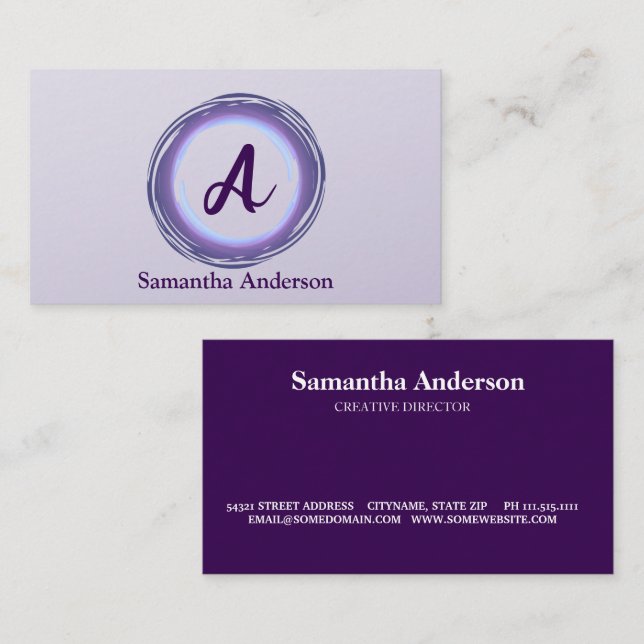 Silver Ink Purple Brush Mark Circle Logo Monogram  Business Card (Front/Back)