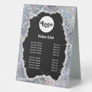 Silver iridescent glitter table tent sign