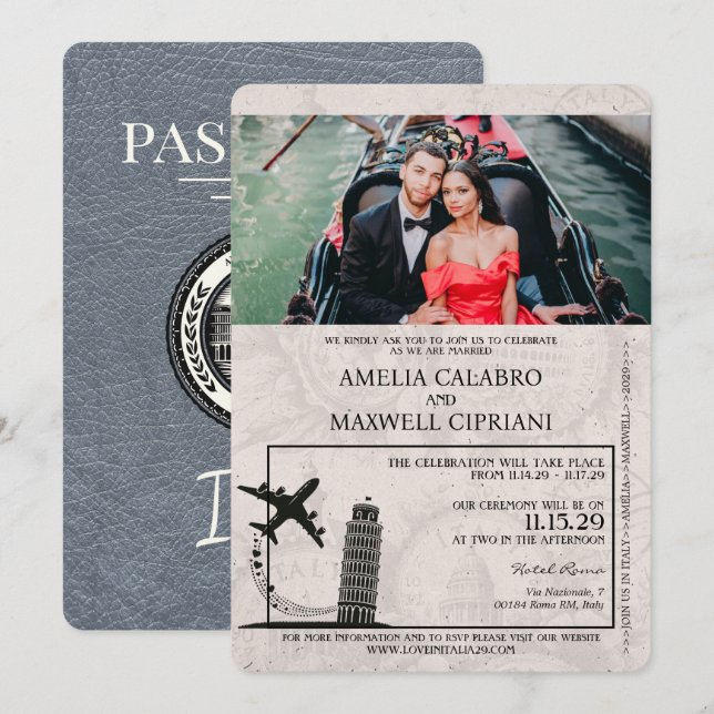 Silver Italy Passport Wedding Invitation (Front/Back)