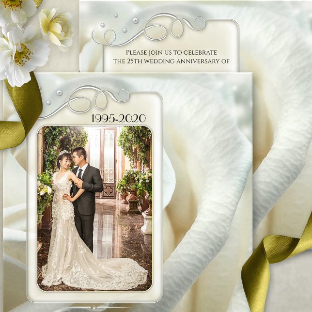 Silver Ivory Rose 25th Wedding Anniversary Photo Invitation (A romantic 25th wedding anniversary invitation with photo framed by a silver design and ivory rose)