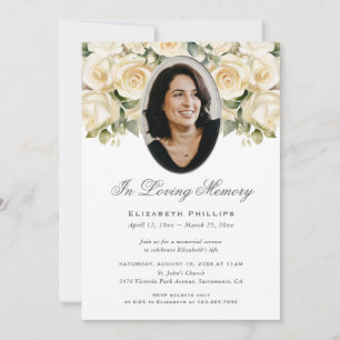 Silver Ivory Rose Photo Memorial In Loving Memory Invitation