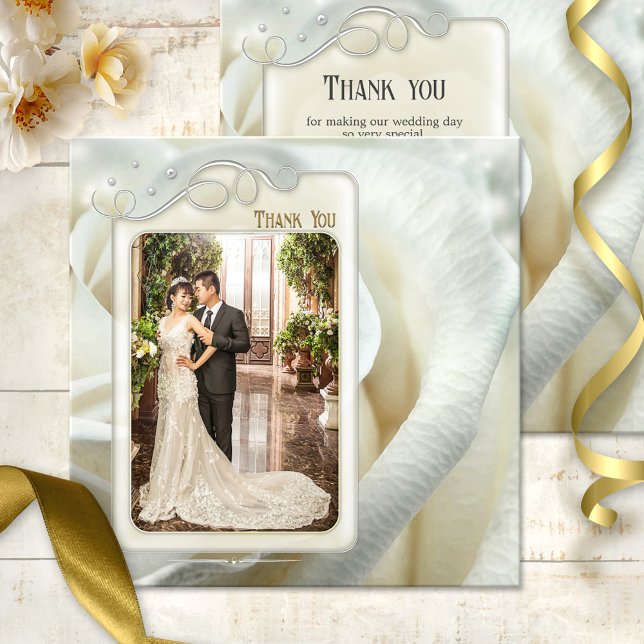 Silver Ivory Rose Wedding Thank You Photo Card (Wedding Thank You card featuring your photo framed by a silver swirling design on a white rose)