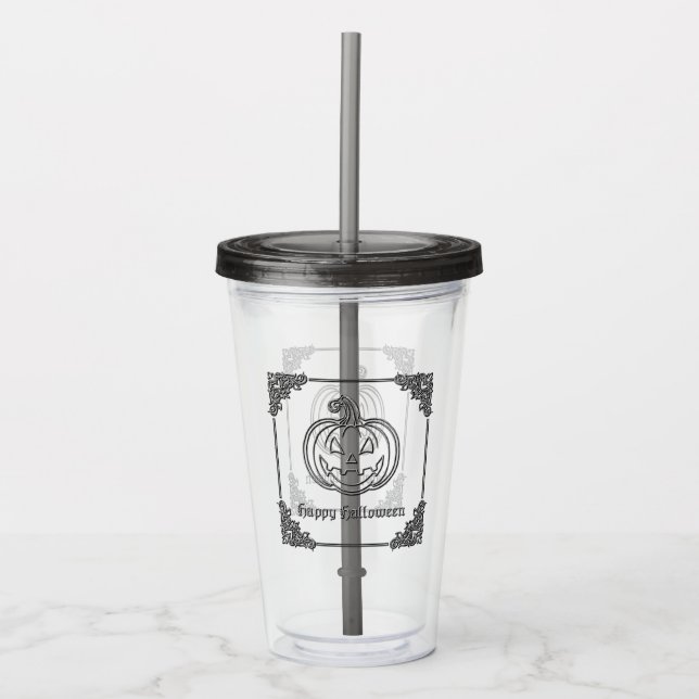 Silver Jack O' Lantern Halloween Acrylic Tumbler (Front)